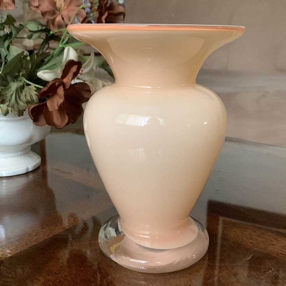 Elegant Peach Glass Vase Clear Base Mid Century Modern Vintage Collectible MCM